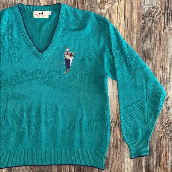 Vtg Winona Knits Embossed Golf Sweater M Teal V-Neck Pullover Embroidered Preppy - Picture 3 of 12